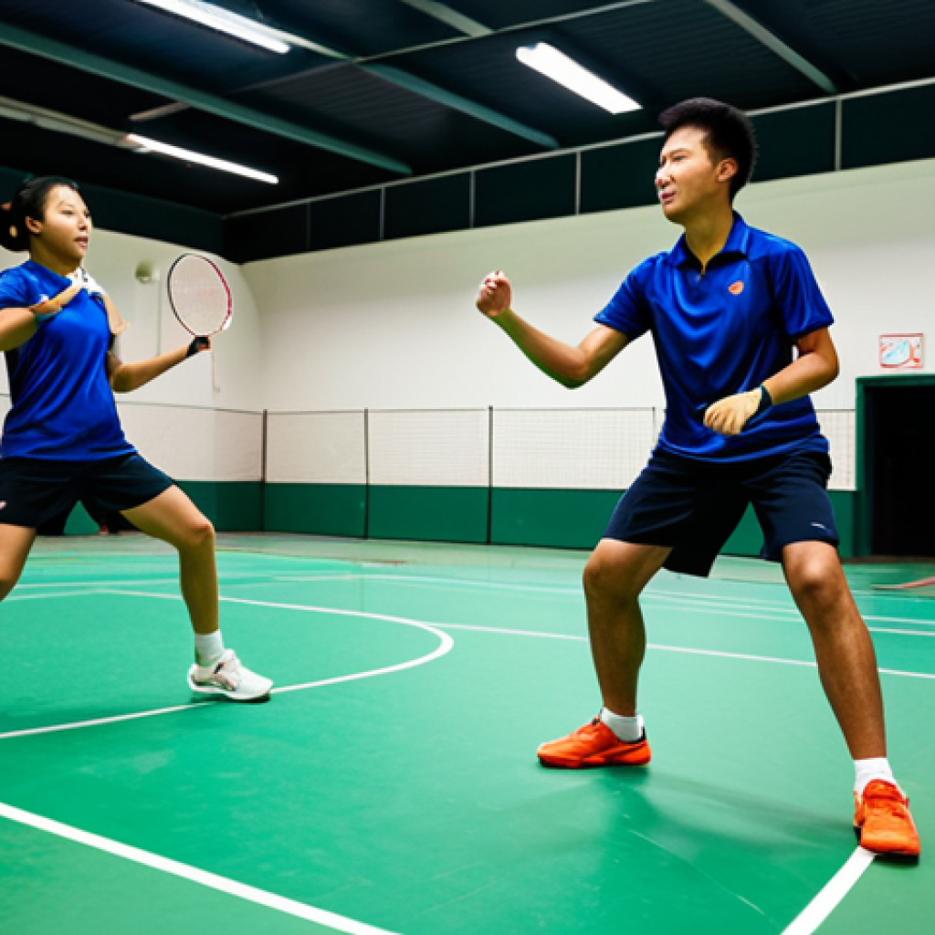 A dynamic scene of two professional badminton players, one male and one female, fully clothed in modest and appropriate athletic attire, engaged in an active rally on a high-quality indoor badminton court. The court features a bright PVC mat flooring, excellent overhead lighting, and a high ceiling to allow for full range of motion. The environment is well-ventilated, clean, and has a professional yet inviting atmosphere. The focus is on the action and skill of the players, promoting health and enjoyment. perfect anatomy, correct proportions, natural pose, well-formed hands, proper finger count, natural body proportions, safe for work, appropriate content, fully clothed, professional, family-friendly, high resolution, professional photography.