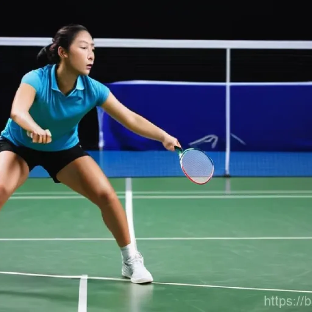 배드민턴 드롭샷 연습법 - A badminton player, a focused woman in her late 20s wearing a sporty, modest short-sleeved top and a...