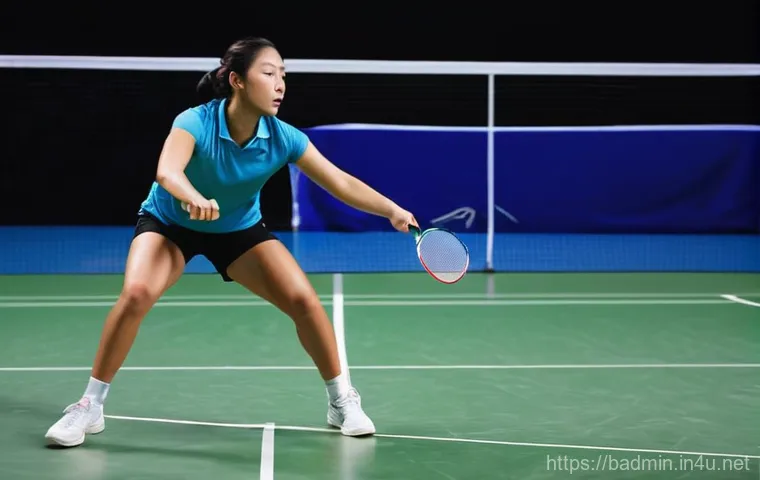 배드민턴 드롭샷 연습법 - A badminton player, a focused woman in her late 20s wearing a sporty, modest short-sleeved top and a...