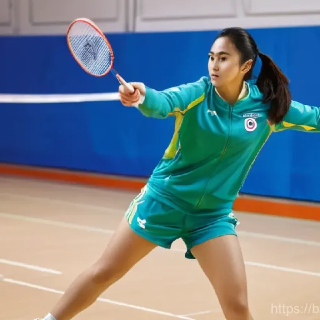 배드민턴 시합에서의 긴장 완화 방법 - A female badminton player in her early 20s, with short dark hair tied back, wearing a vibrant athlet...
