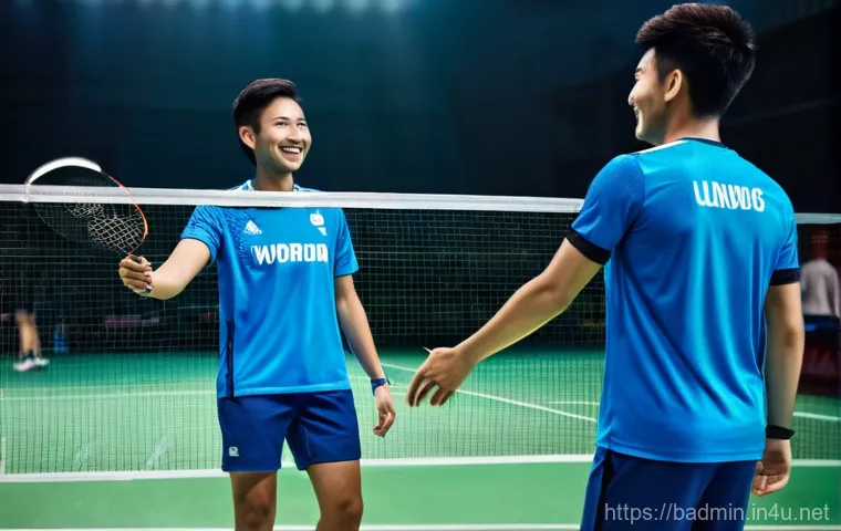 배드민턴 시합에서의 긴장 완화 방법 - A male badminton player in his late 20s, dressed in a sleek, modern badminton uniform, standing alon...
