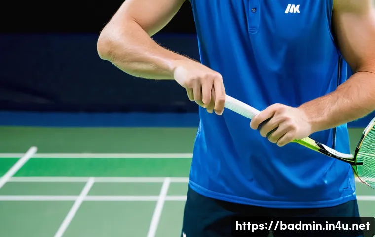 배드민턴 용품 관리 방법 - **Prompt for Racket Maintenance:** A close-up shot of a focused, athletic person (male or female, 20...