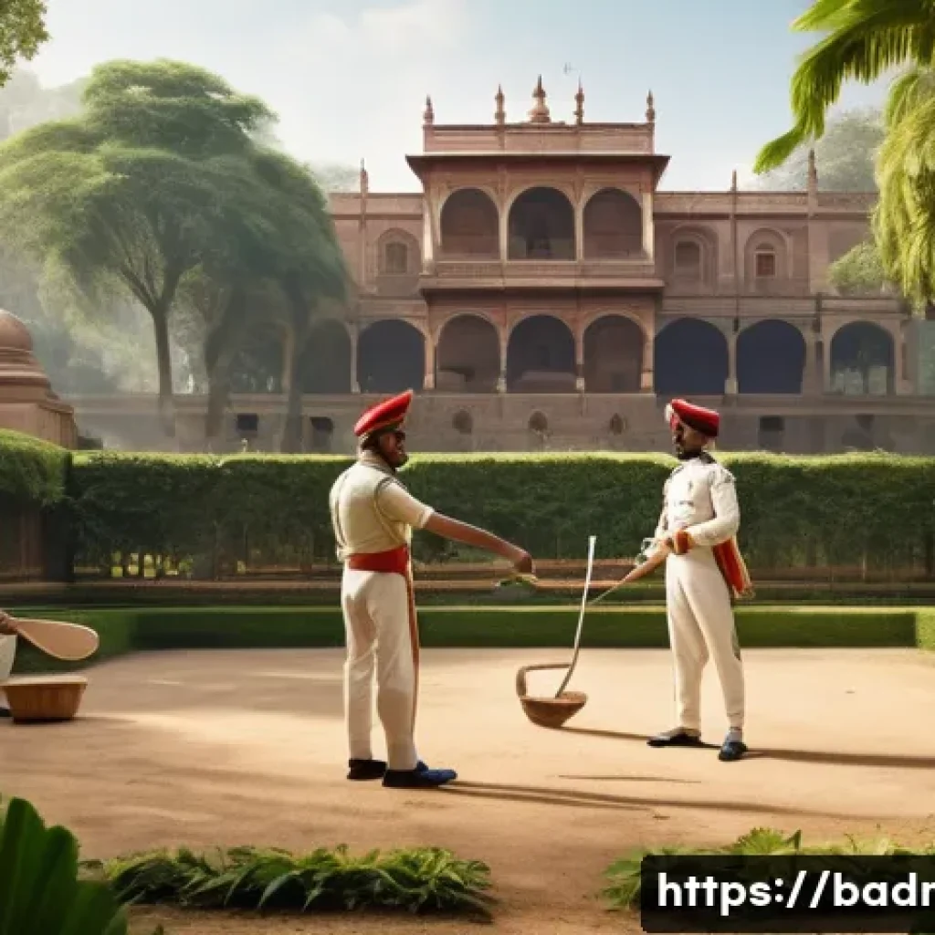 배드민턴 역사와 기원 이야기 - A detailed historical scene depicting British soldiers in 19th-century India playing the game "Poona...