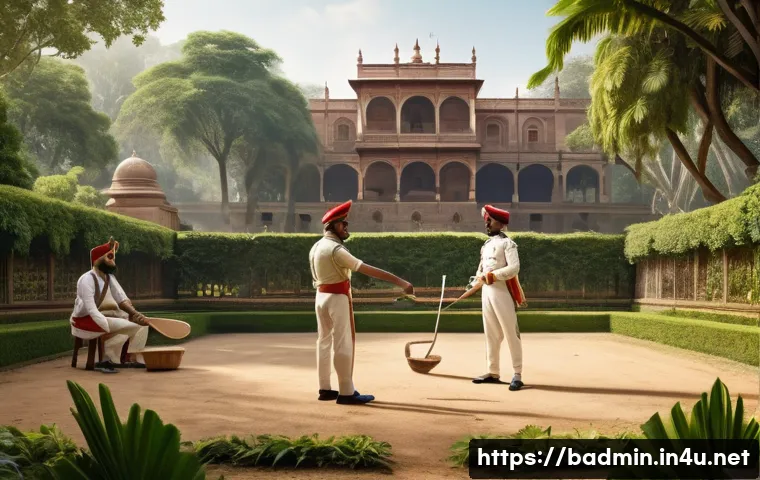 배드민턴 역사와 기원 이야기 - A detailed historical scene depicting British soldiers in 19th-century India playing the game "Poona...