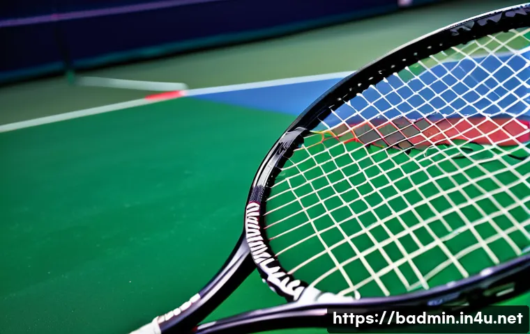 배드민턴 라켓과 셔틀콕 세트 추천 - A detailed close-up image of a badminton racket showcasing the grip and frame materials, highlightin...