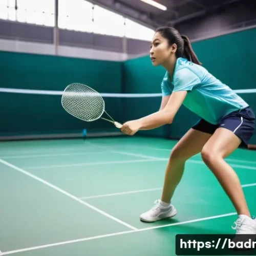 Home 32 배드민턴 실력 향상을 위한 팁 - A dynamic indoor badminton court scene showing a skilled female player in mid-swing, focusing on her...