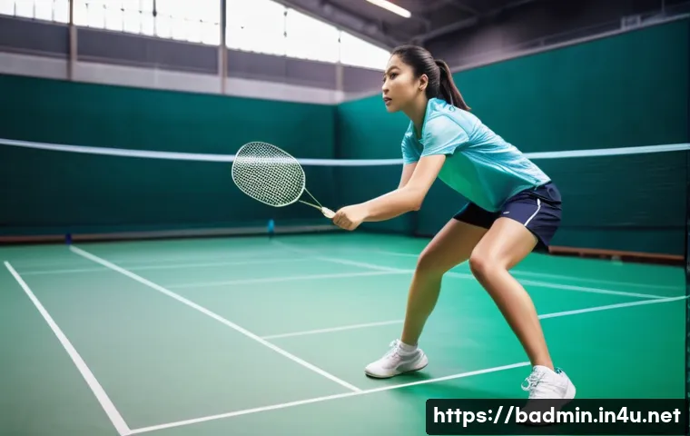 배드민턴 실력 향상을 위한 팁 - A dynamic indoor badminton court scene showing a skilled female player in mid-swing, focusing on her...