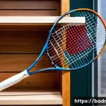 Home 19 배드민턴 라켓 장기 보관 팁 - A high-resolution image of a modern badminton racket stored in a climate-controlled indoor environme...