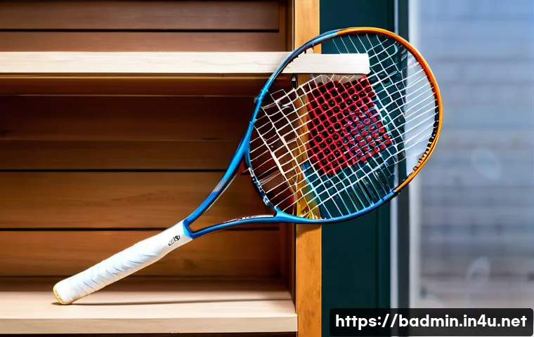 배드민턴 라켓 장기 보관 팁 - A high-resolution image of a modern badminton racket stored in a climate-controlled indoor environme...
