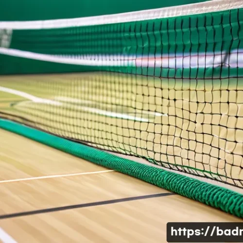 Home 30 배드민턴 네트 규격과 높이 - A detailed close-up image of a professional badminton net setup on an indoor court, showing the net ...