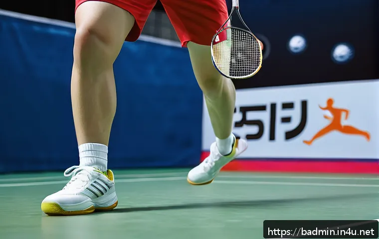 배드민턴 풋워크 교정 방법 - A dynamic scene of a badminton player practicing proper weight distribution for quick and agile foot...