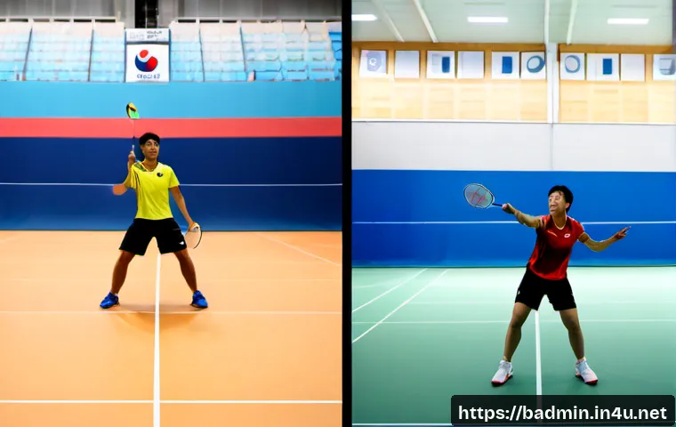 배드민턴과 스쿼시 비교 - Photorealistic split-scene sports comparison, left side a bright indoor badminton court with a shutt...