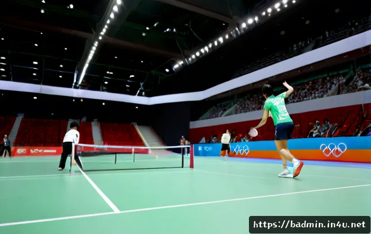Home 17 배드민턴 올림픽 종목 특징 - Photorealistic badminton Olympic-style singles match in a modern indoor arena, one athlete in a dyna...